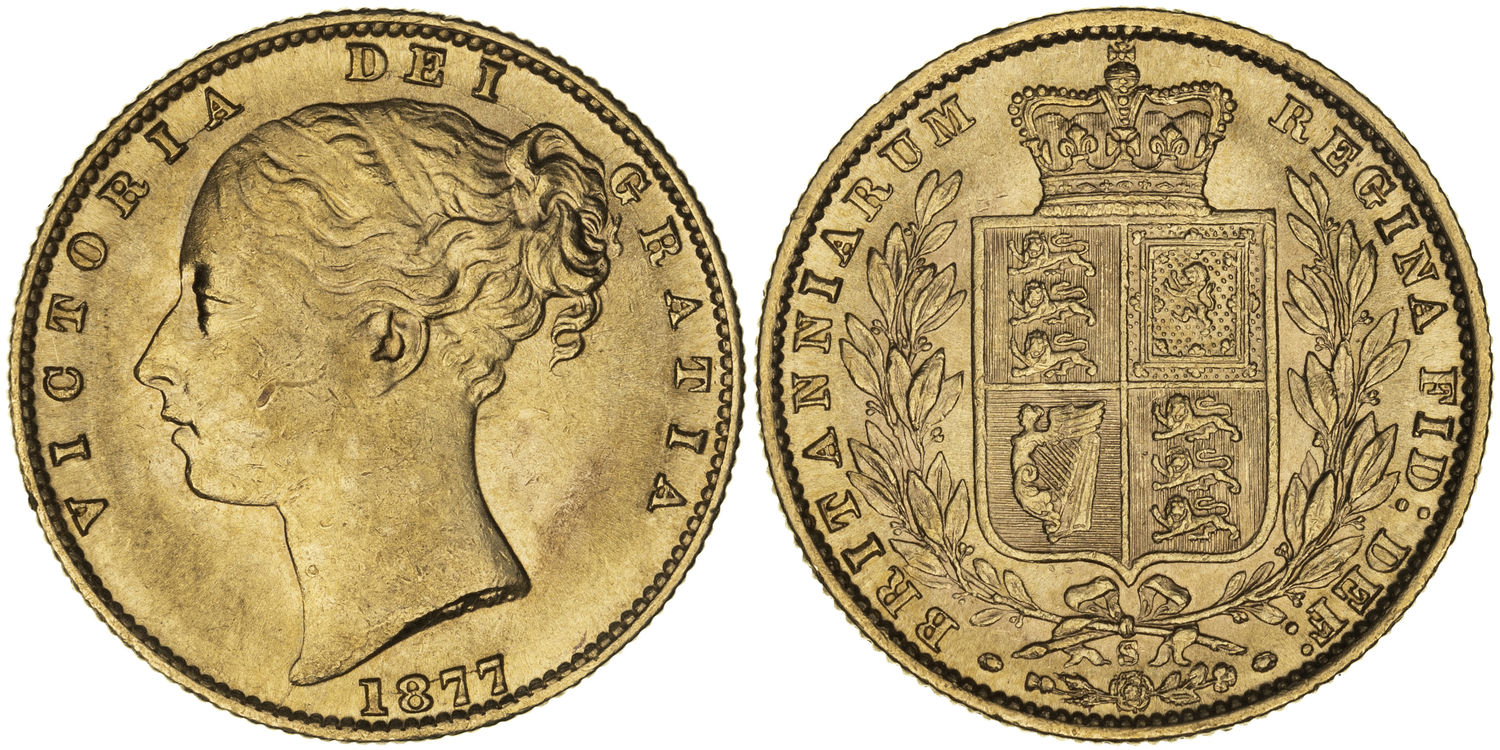 Victoria, Shield Reverse, Sovereign, 1877-S, aEF