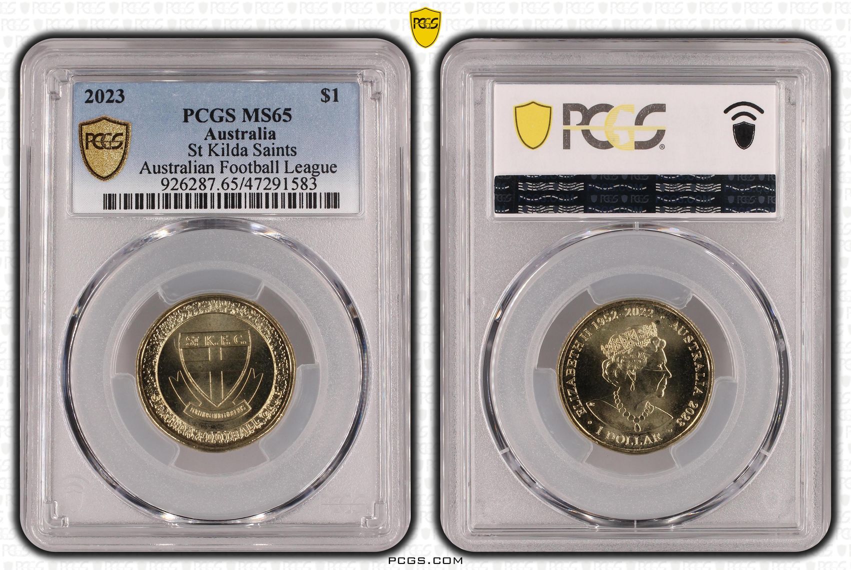 285 · Elizabeth II, AFL - St Kilda Saints , One Dollar, 2023, PCGS MS65