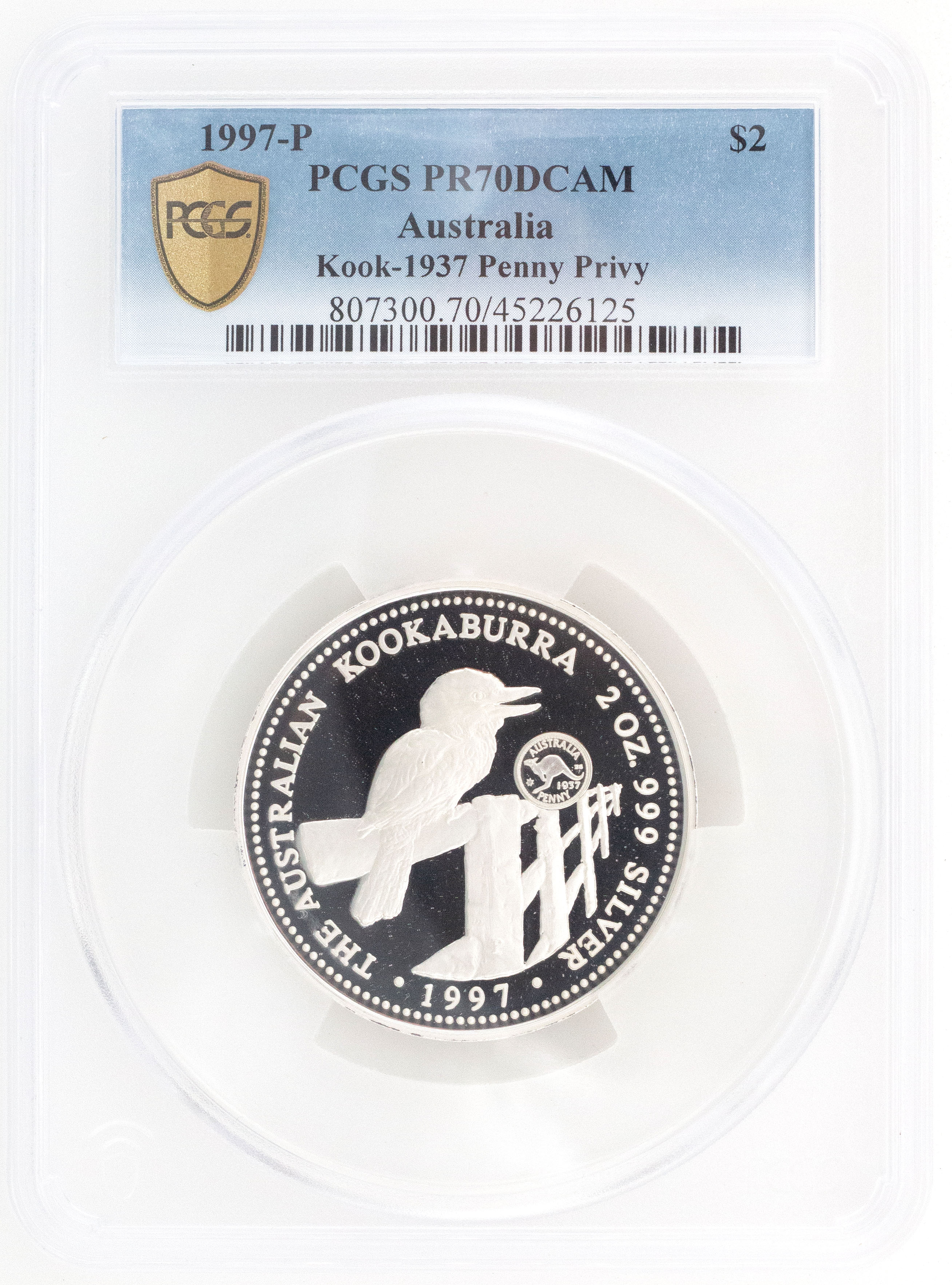 1997-P Australia Two Dollar, $2 Silver Proof Kook-1937 Penny Privy PCGS - PR70DCAM POP 1/0 -125