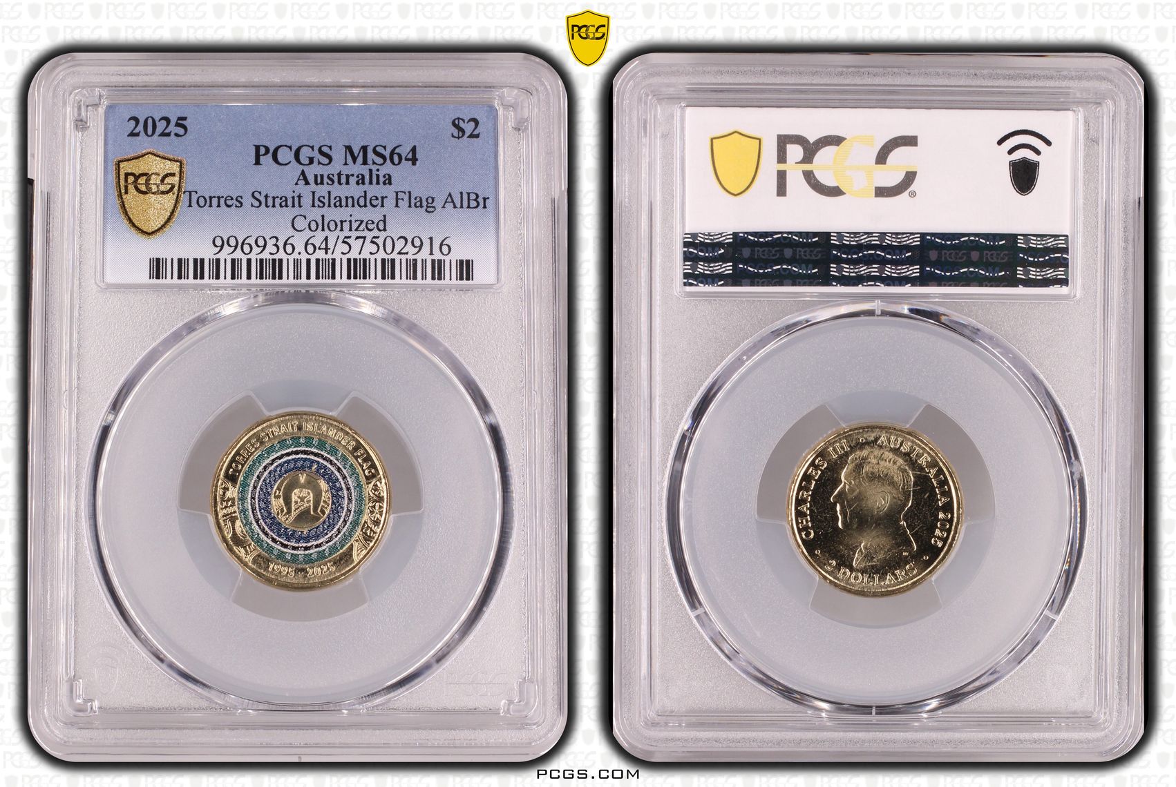Torres Strait Islander Flag AlBr Colourised, Two Dollar, 2025, PCGS MS64