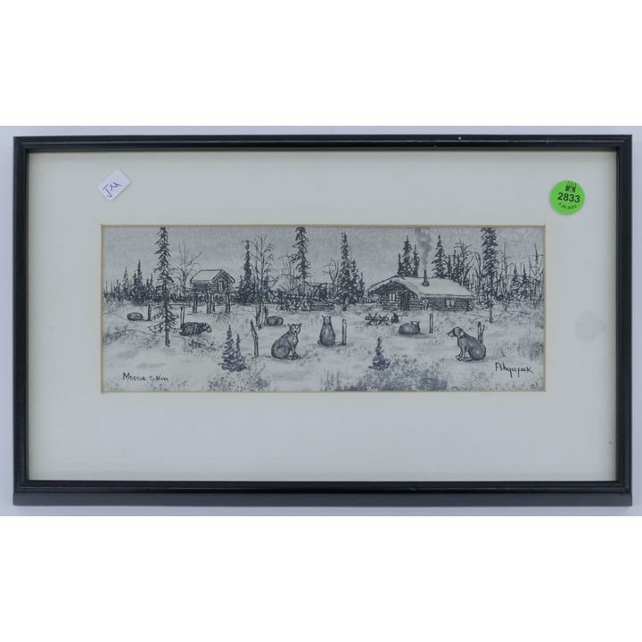 George Ahgupuk Alaskan Camp Ink on Moose Skin Framed- 8x13.5''