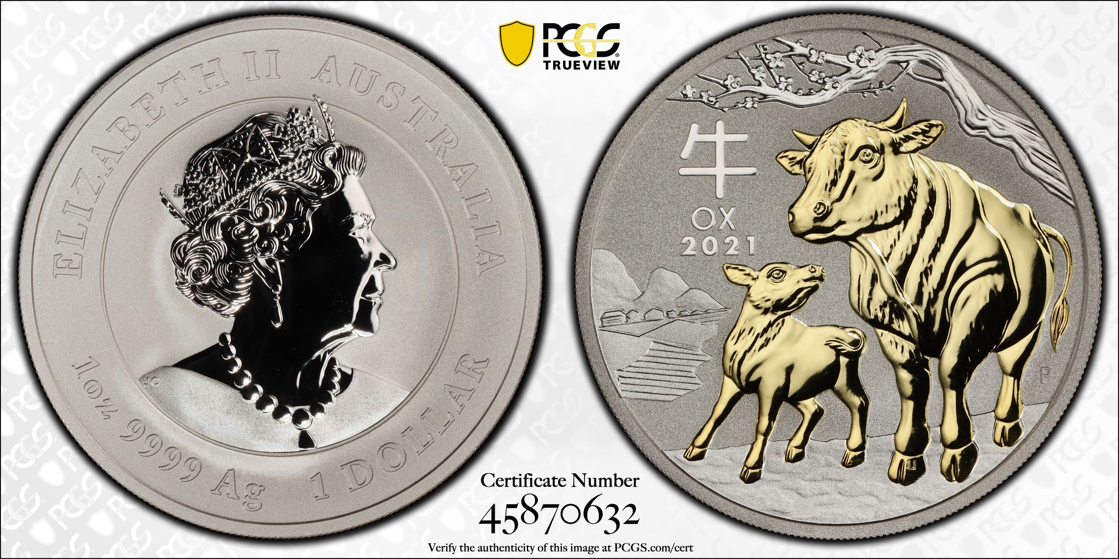 Elizabeth II, Year of the Ox Ag Gilt POP 2/0, One Dollar, 2021-P, PCGS MS70