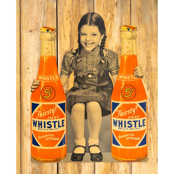 Whistle Soda w/ Girl and Two Bottles Single Sided Cardboard Poster Sign TAC 8.9