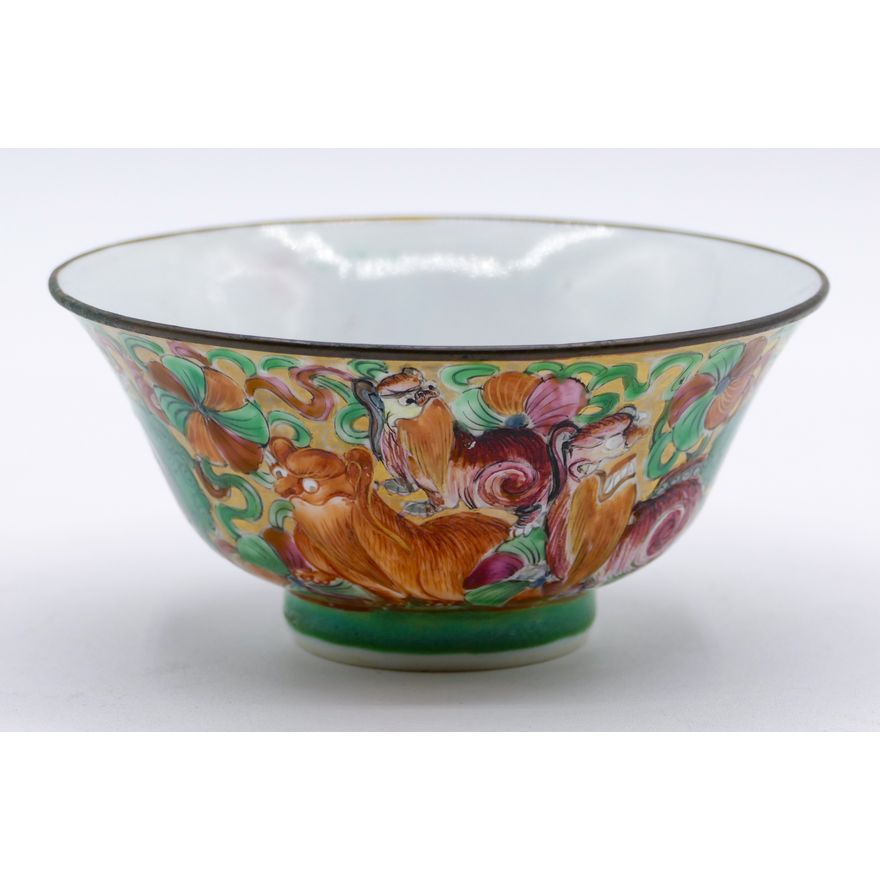 Old Chinese Clobbered Tea Bowl with Metal Rim 5''