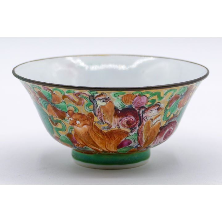 Old Chinese Clobbered Tea Bowl with Metal Rim 5''