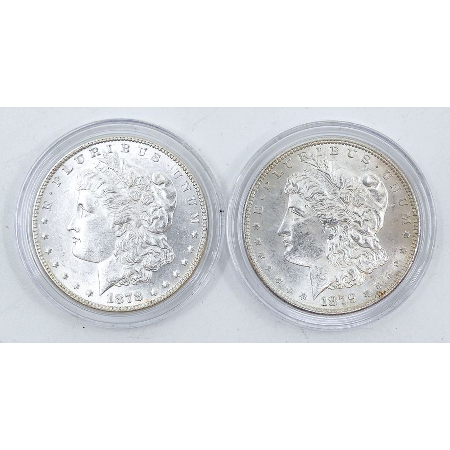 2pc US 1878 & 1879 Morgan Silver Dollars BU in Cases