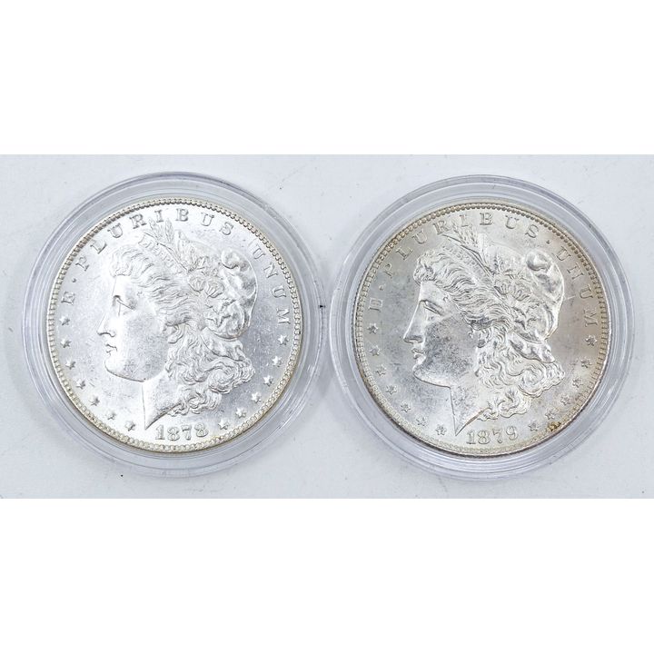 2pc US 1878 & 1879 Morgan Silver Dollars BU in Cases