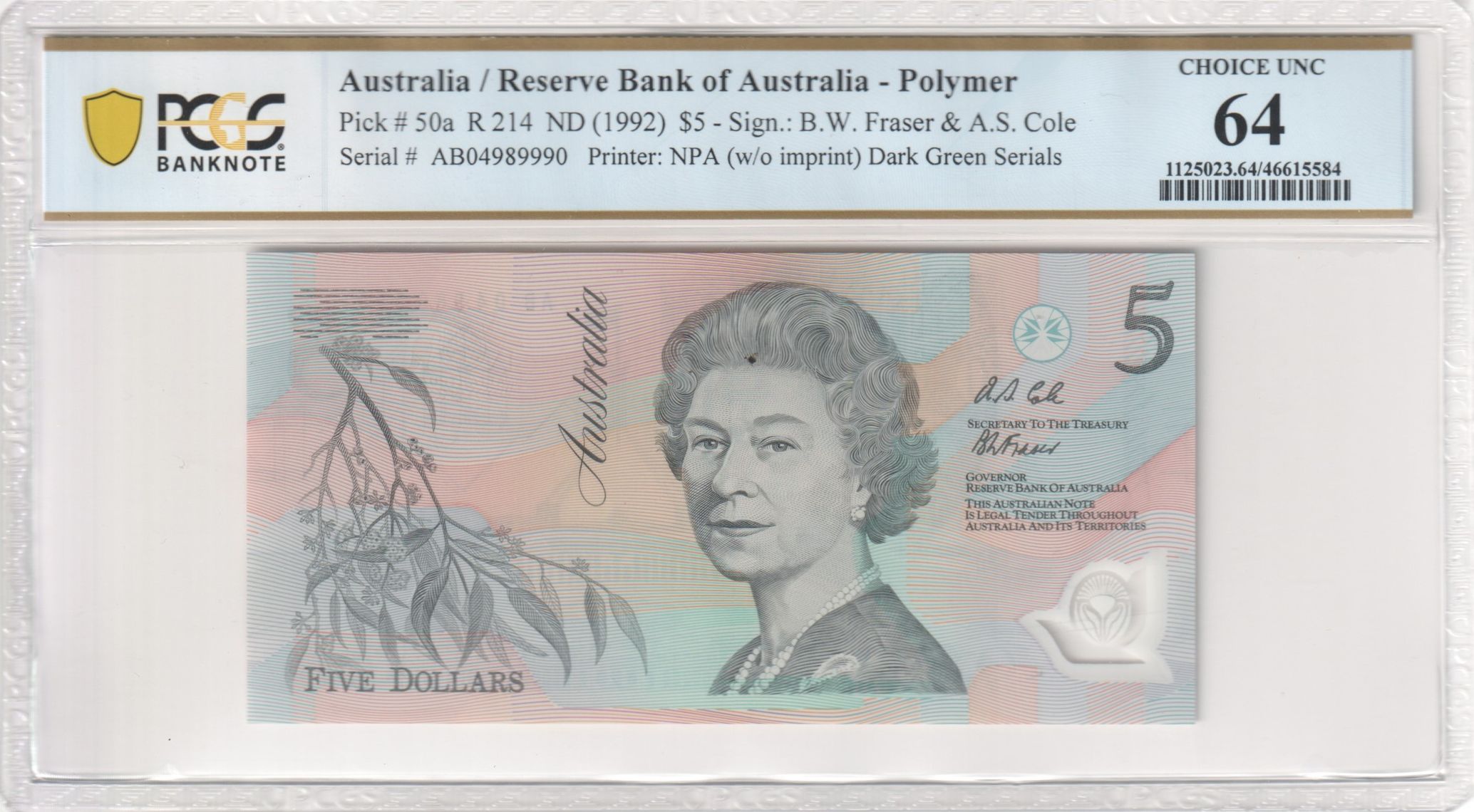 Five Dollar, 1992, PCGS Choice UNC 64