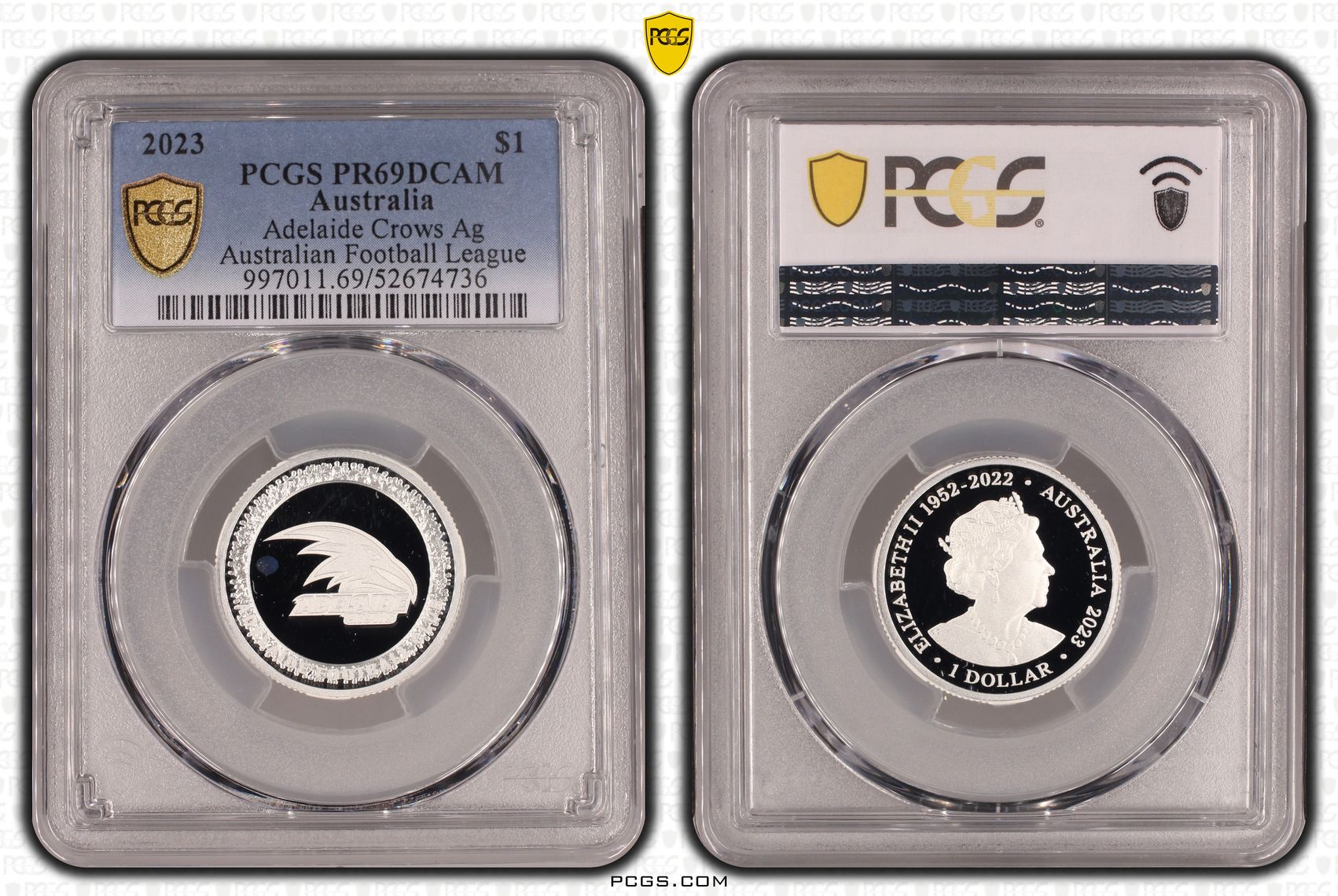 Adelaide Crows Silver Australian Football League, POP 1/0, One Dollar, 2023, PCGS PR69DCAM