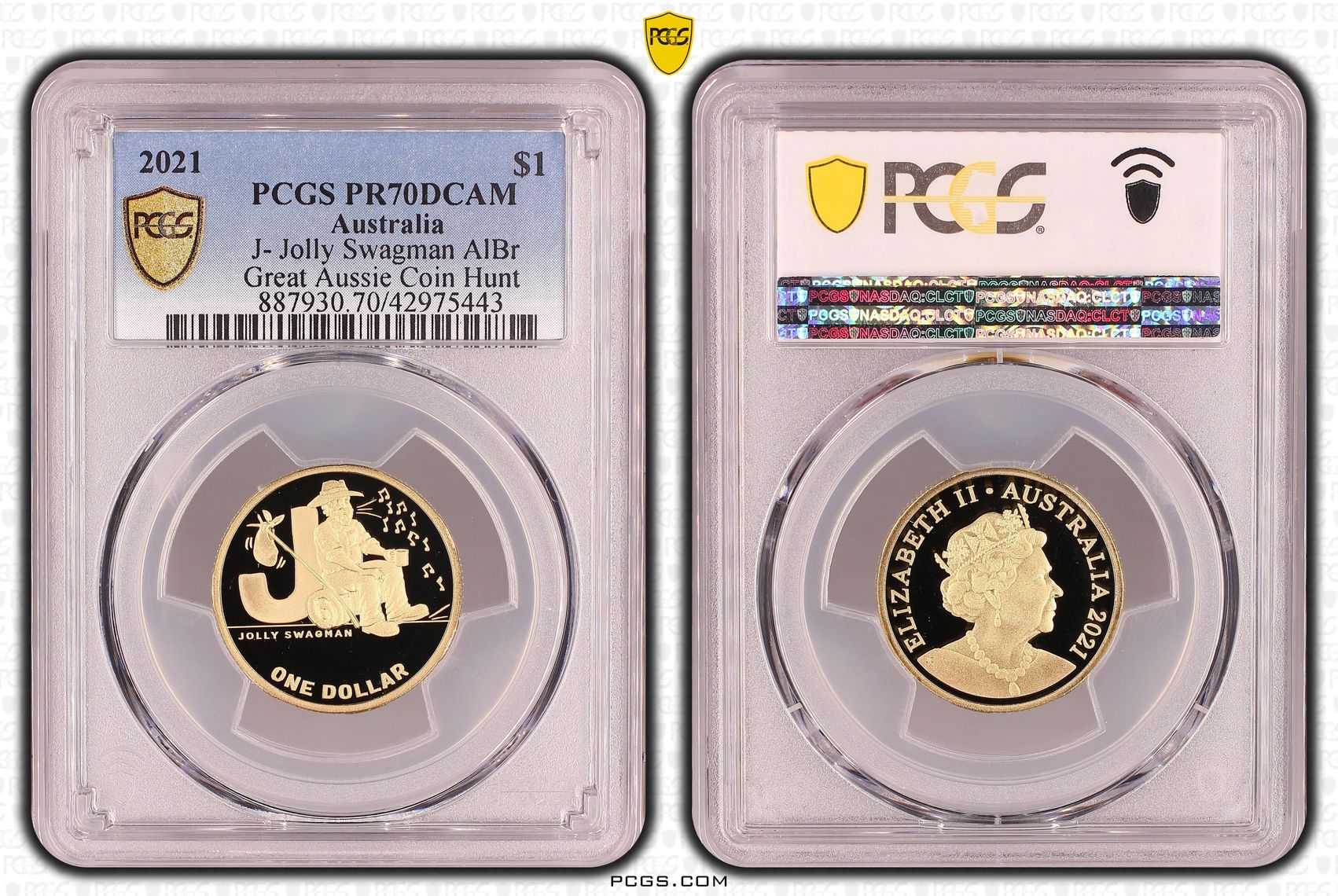 Elizabeth II, J- Jolly Swagman, Great Aussie Coin Hunt, One Dollar, PR70DCAM , 2021 PCGS POP - 2/0