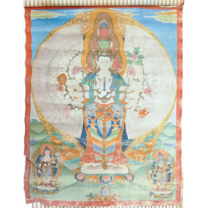 Old Tibetan Painted Buddhist Thangka Image Measures 52'' x 40''
