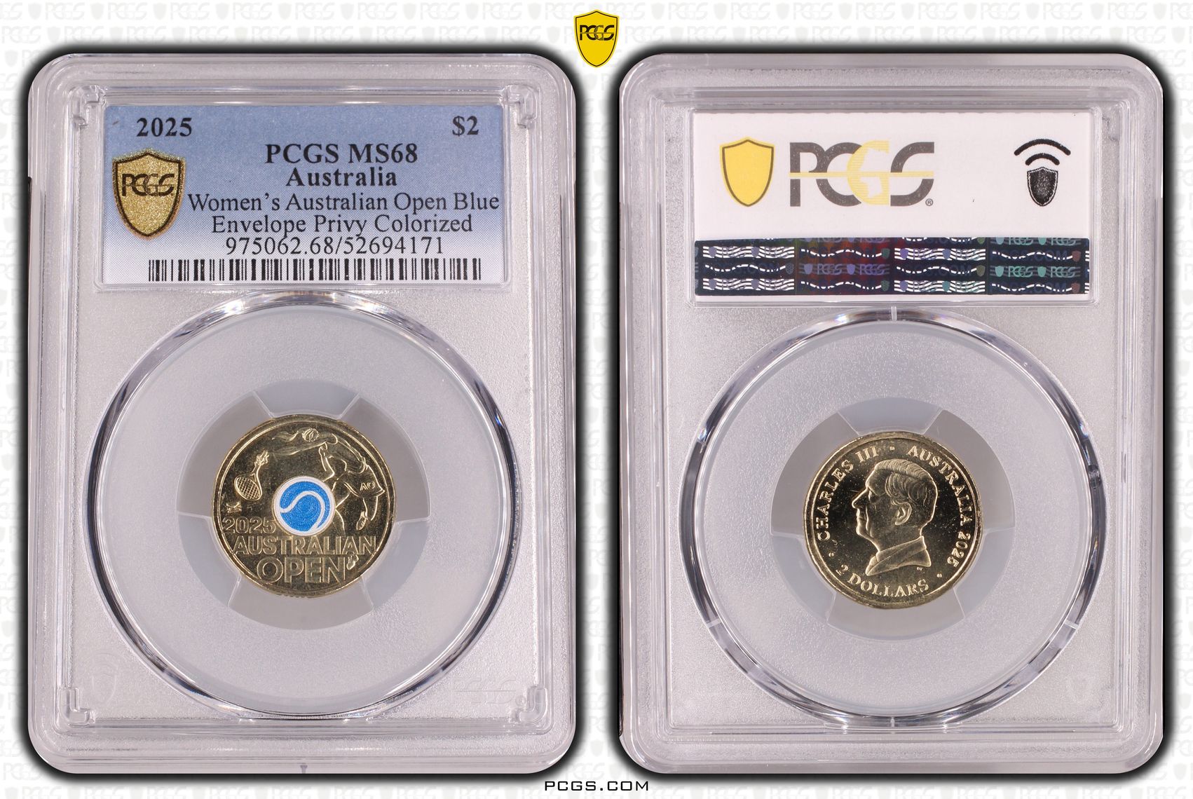 Women's Australian Open Blue Envelope Privy Colourised, Two Dollar, 2025, PCGS MS68