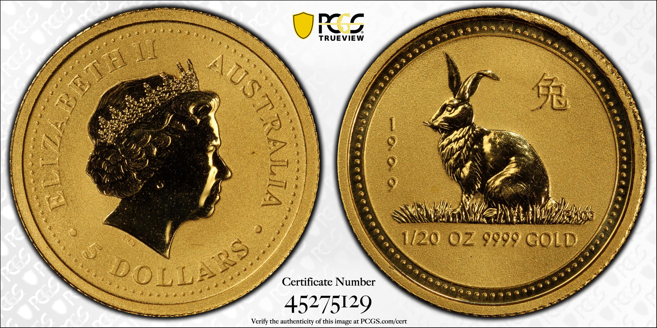 1999 Australia Five Dollar, Gold $5 Year of the Rabbit PCGS - MS69 -129