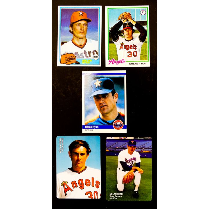5pc Nolan Ryan Baseball Cards. Includes cards from Topps- 1978, 1981, Fleer- 1984 and Mother's Cookies - 1991, 1992.