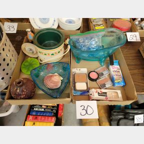2 Boxes of heavy glass bathtub, make-up, and warming pot