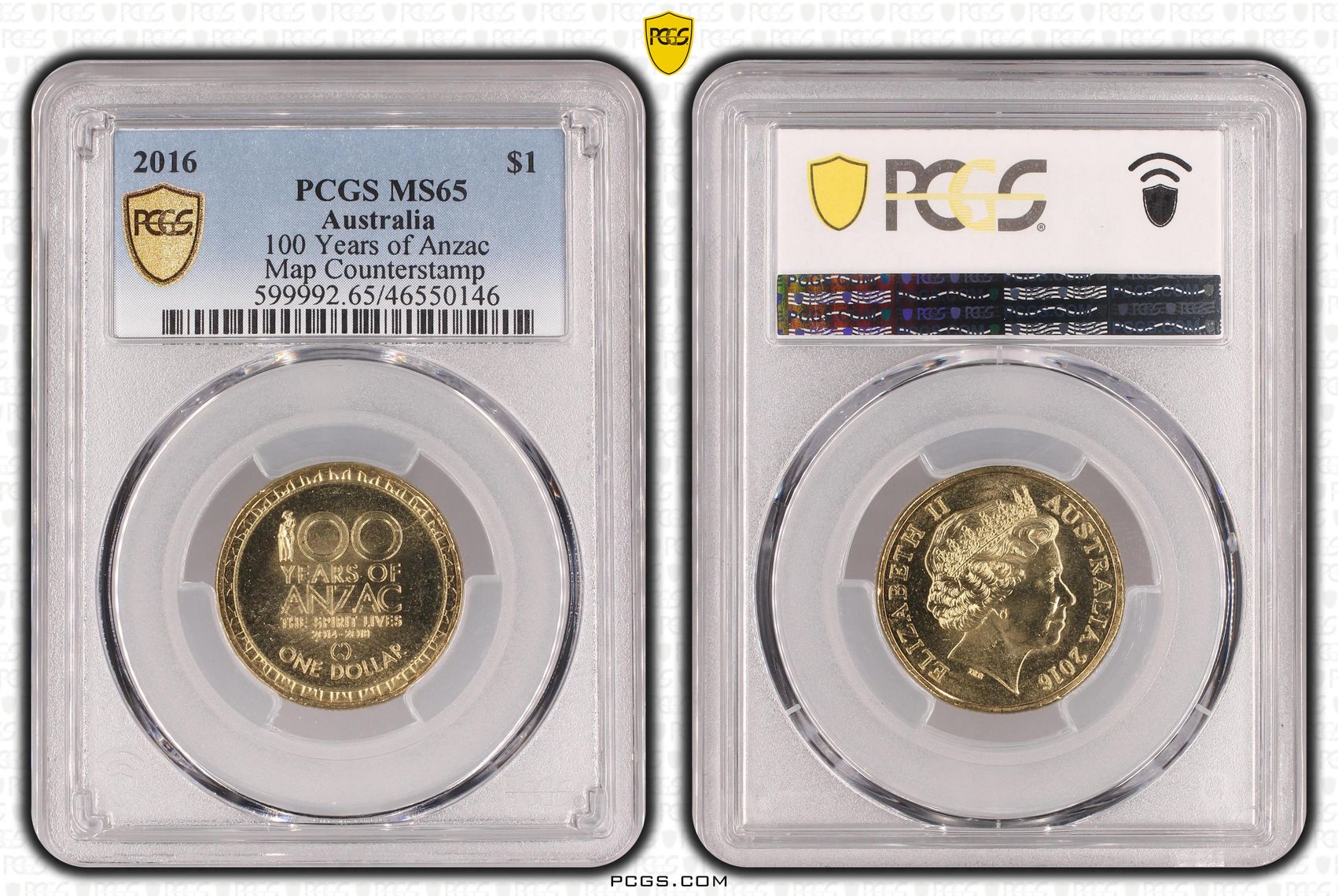 Elizabeth II, 100 Years of Anzac, Map Counterstamp, One Dollar, 2016, PCGS MS65