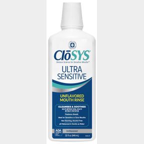 CLOSYS ULTRA SENSITIVE MOUTHWASH, UNFLAVORED ALCOHOL FREE, DYE FREE, PH BALANCED, HELPS SOOTHE ENTIRE MOUTH 32 OZ