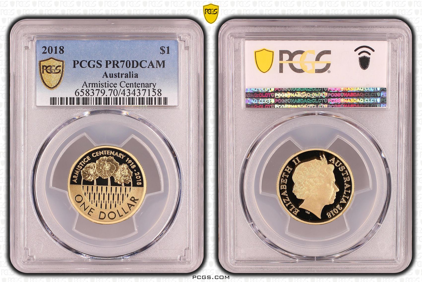 2018 Australia One Dollar, $1 Armistice Centenary PCGS - PR70DCAM POP 33/0 -158