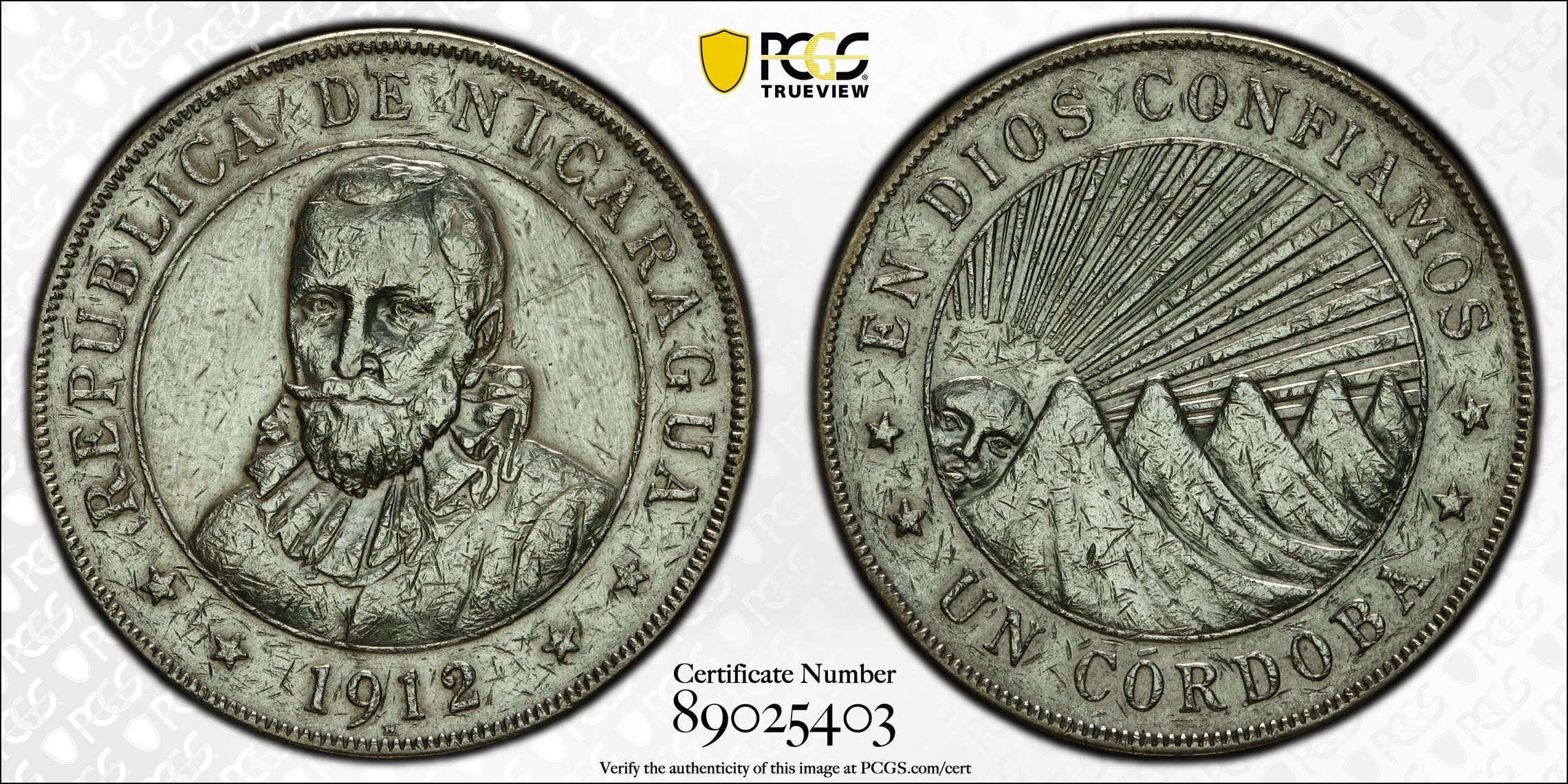 Nicaragua, Cordoba, 1912-H, PCGS Genuine - VF Details (98 - Damage)
