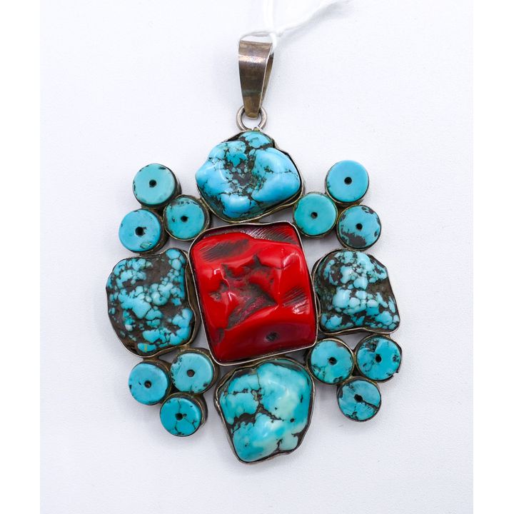 Old Tibetan Sterling Turquoise & Coral Large Pendant 3.5''