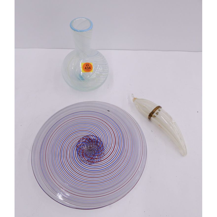 3pc Murano Filigrana Vase & Tray- largest 7''
