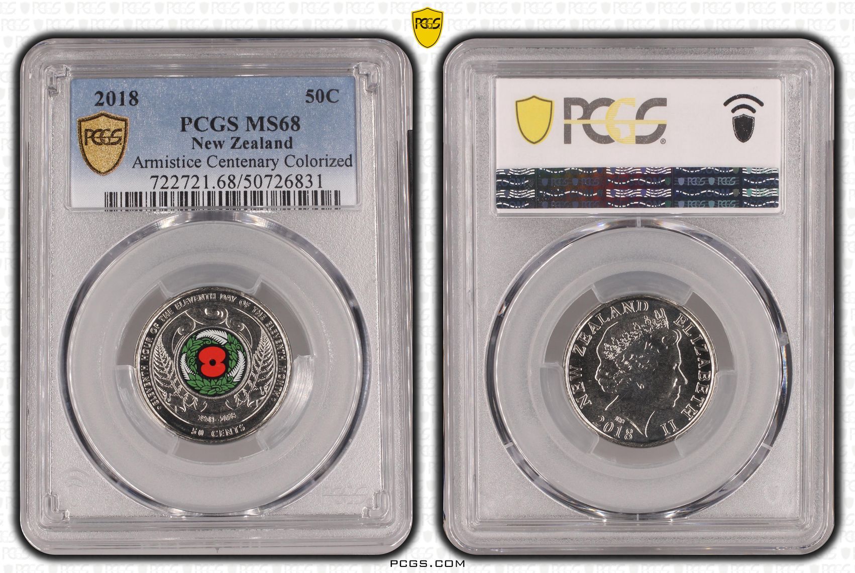 New Zealand, Armistice Centenary Colorized, Fifty Cent, 2018, PCGS MS68