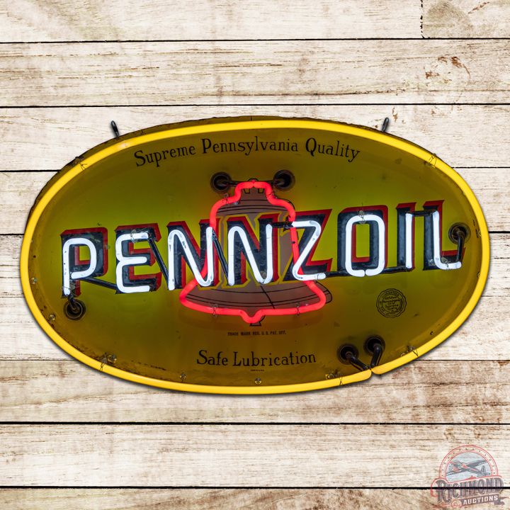Pennzoil Supreme Pennsylvania Quality Motor Oil Single Sided Porcelain Neon Sign w/ Brown Bell