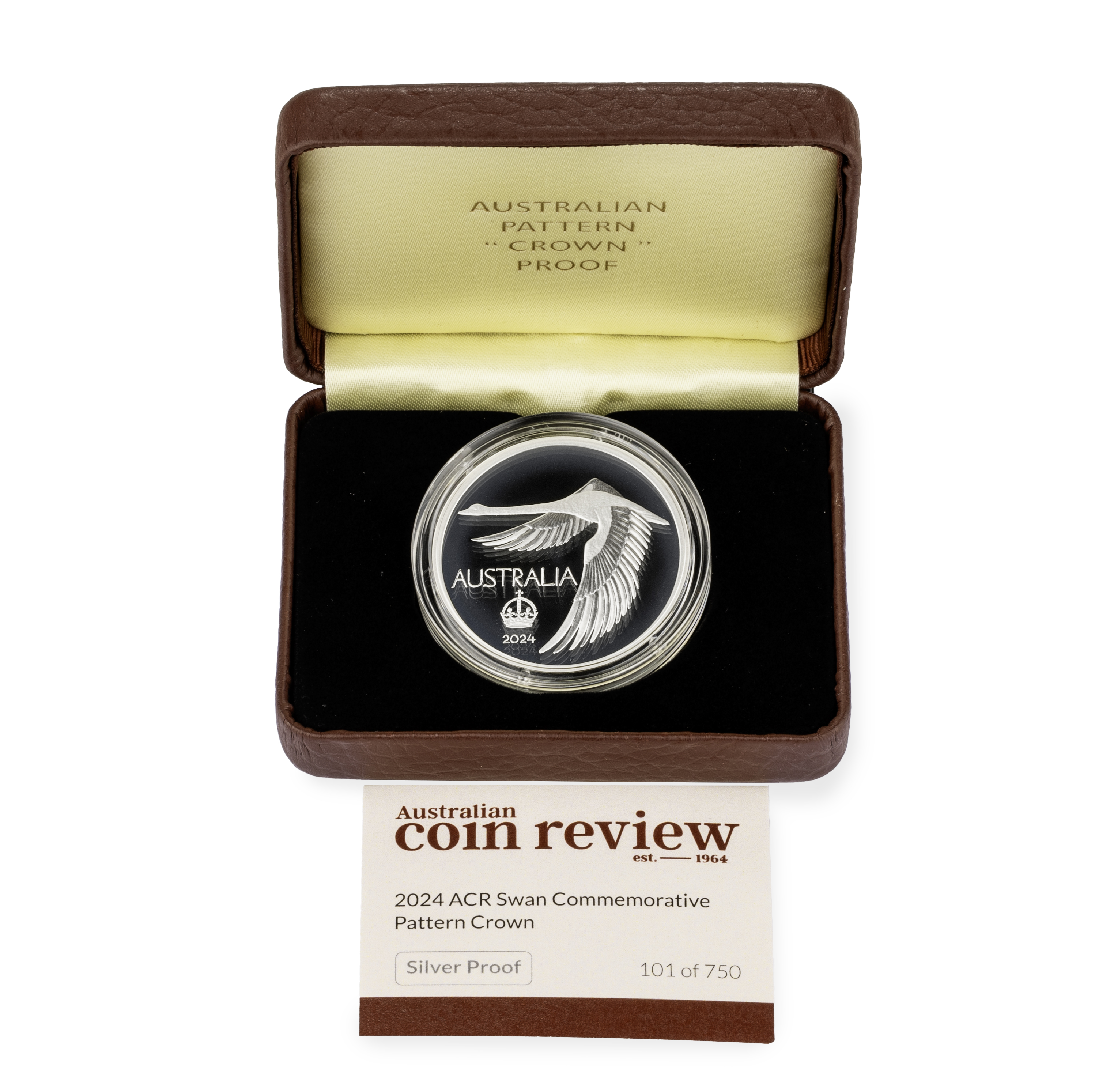 Cert #101/750, 2024 ACR Swan Commemorative Pattern Crown Silver Proof, FDC