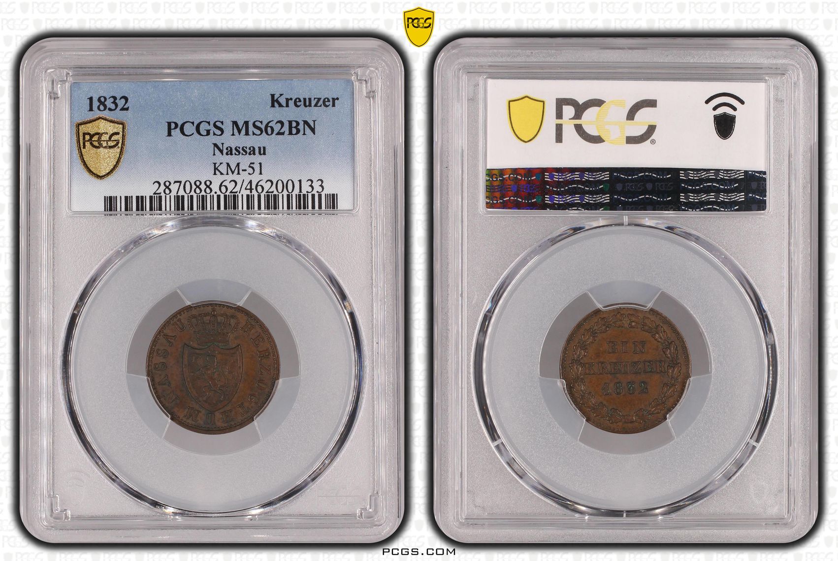 Nassau, KM-51, POP 1/0, Kreuzer, 1832, PCGS MS62BN