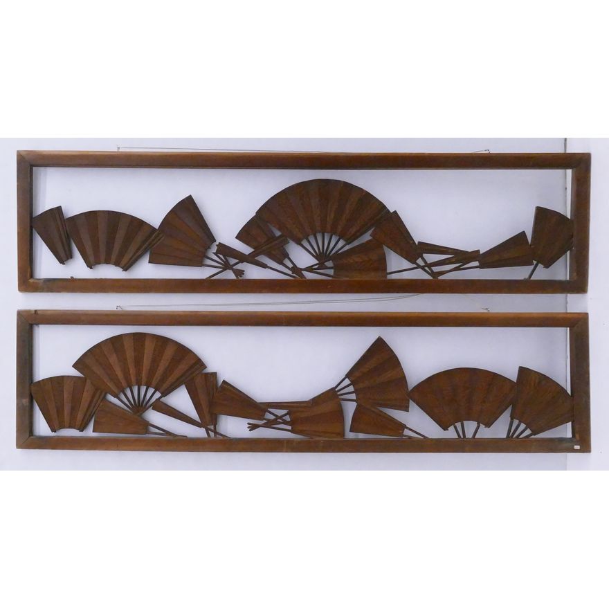 Pair Japanese Ranma Transom Carved Fans Wooden Panels- (As Is)- 17x69'' each