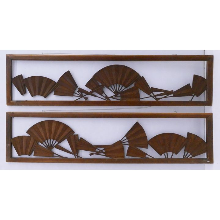 Pair Japanese Ranma Transom Carved Fans Wooden Panels- (As Is)- 17x69'' each