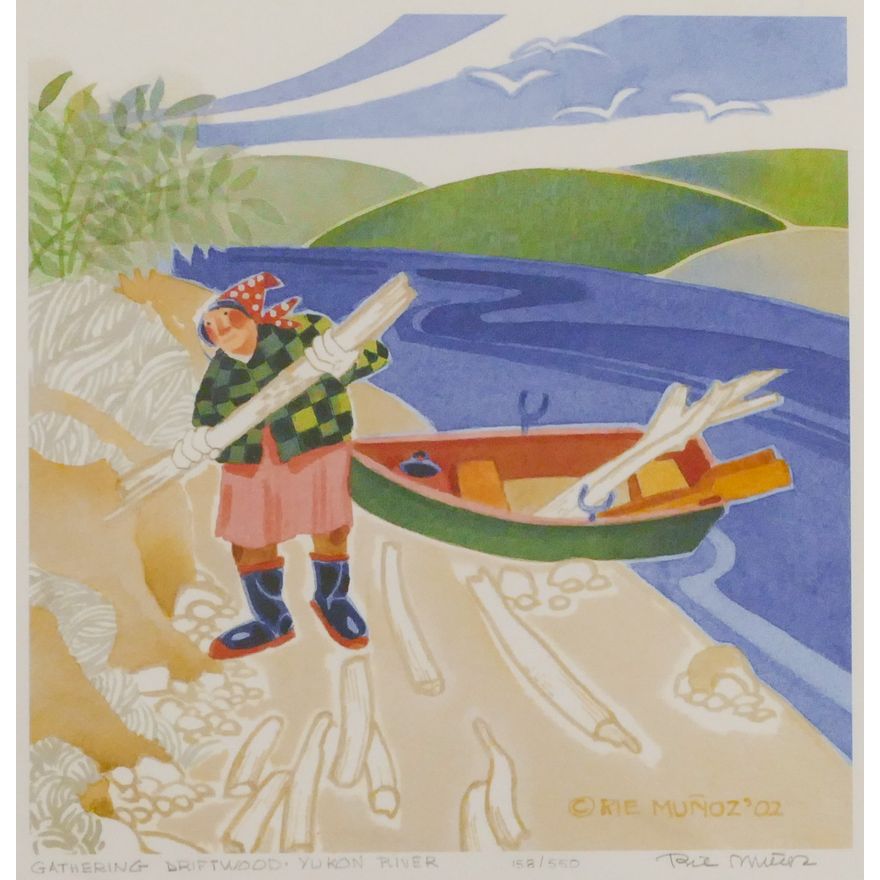 Rie Munoz ''Gathering Driftwood - Yukon River'' 2002 Signed Print 11.5'' x 11.25'' Sheet.