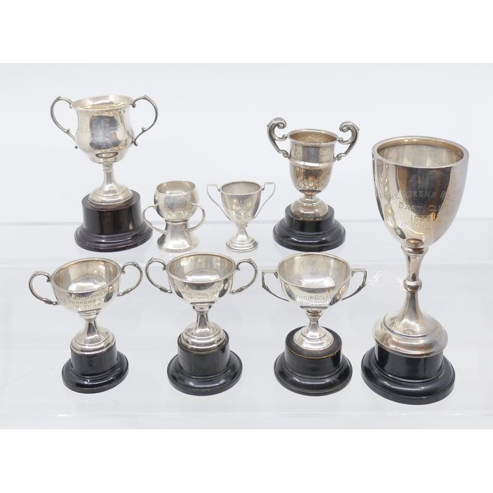 Group 8pc Miniature English Sterling Silver Trophies