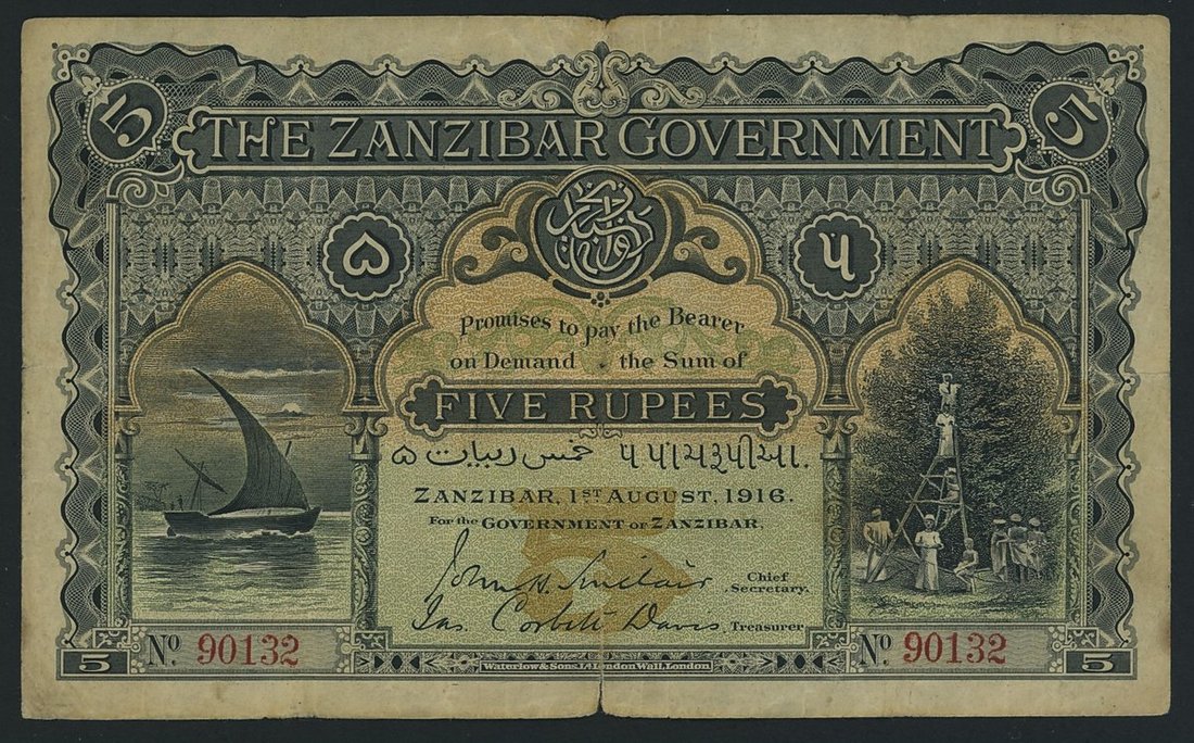 The Zanzibar Government, 5 Rupees, 1st August 1916, red serial number ...