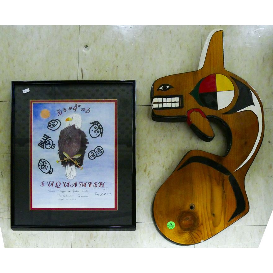 2pc NW Coast Cedar Whale Plaque & Framed Print 15'' & 20''