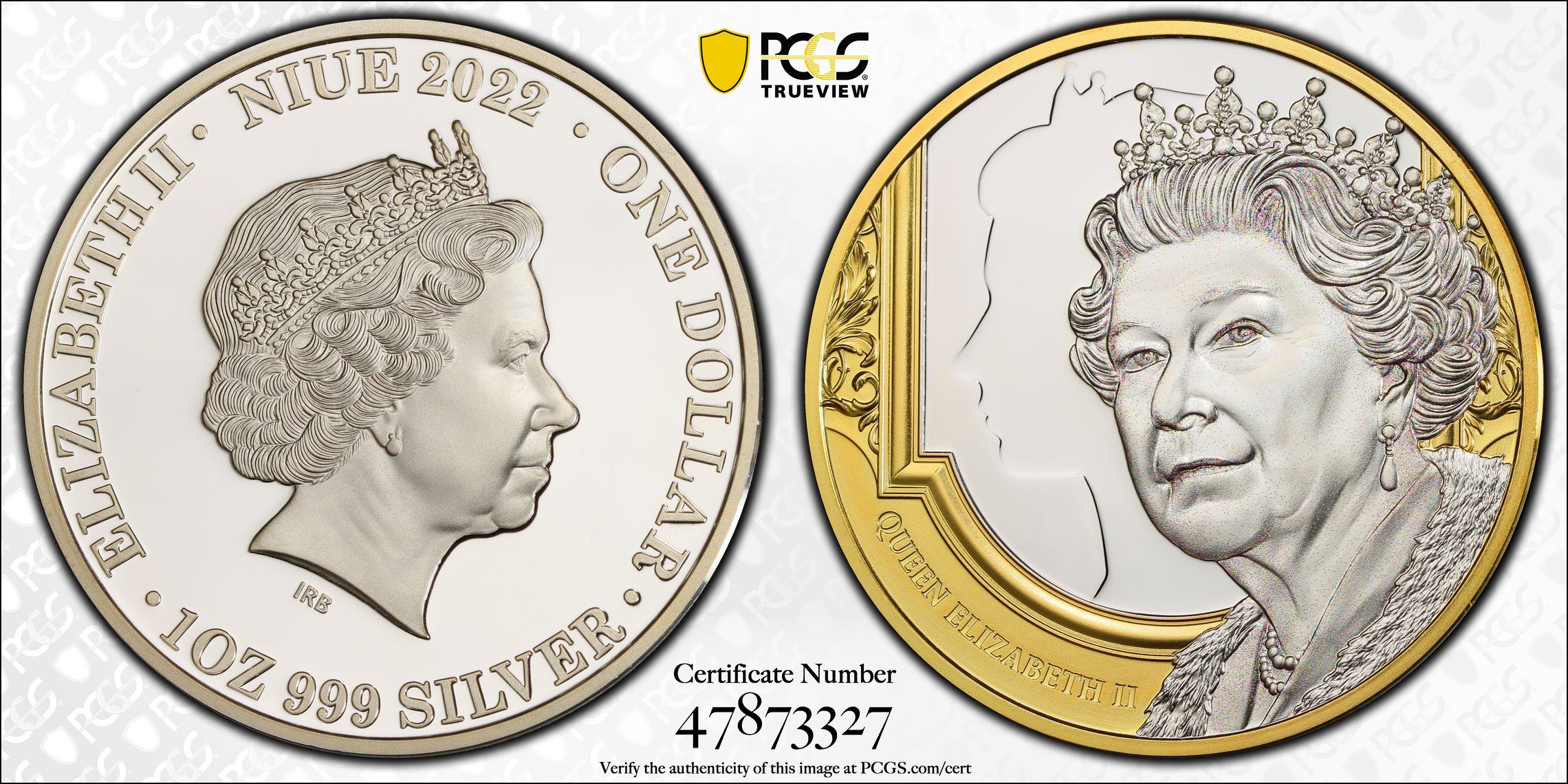Niue, Queen Elizabeth II - Selective Gilt Ag, POP 1/0, One Dollar, 2022, PCGS PR70DCAM