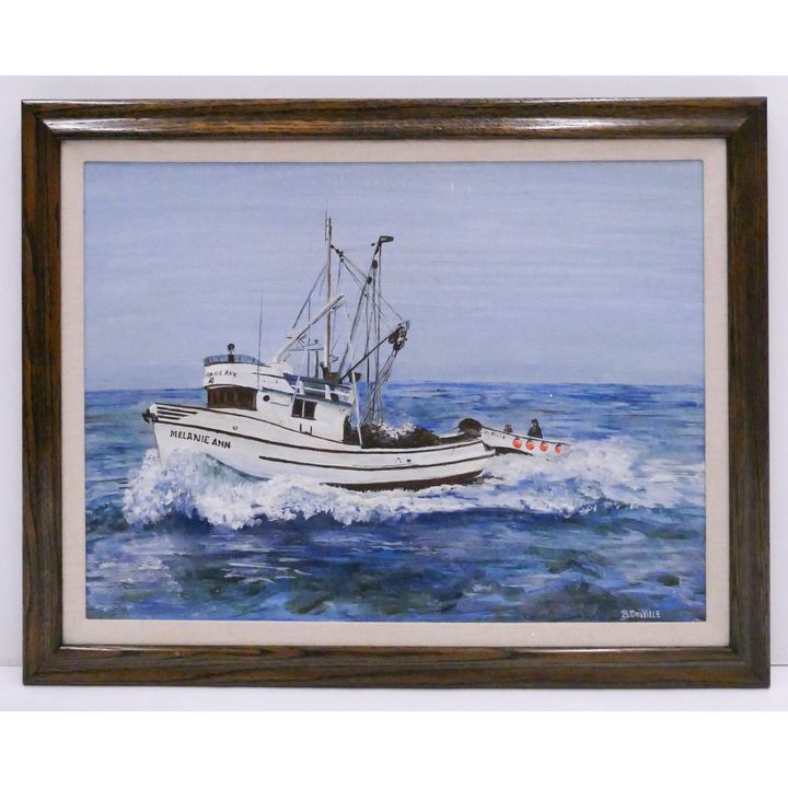 Bonita Donville 'Seiner Coming Home, Craig Alaska' Fishing Boat Acrylic Painting Framed- 22x28''