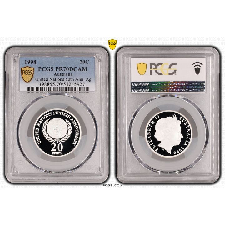 United Nations 50th Ann. Ag, Twenty Cent, 1998, PCGS PR70DCAM