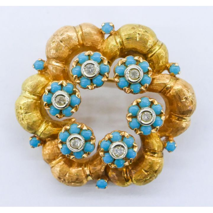 18k Turquoise & Diamond Wreath Brooch