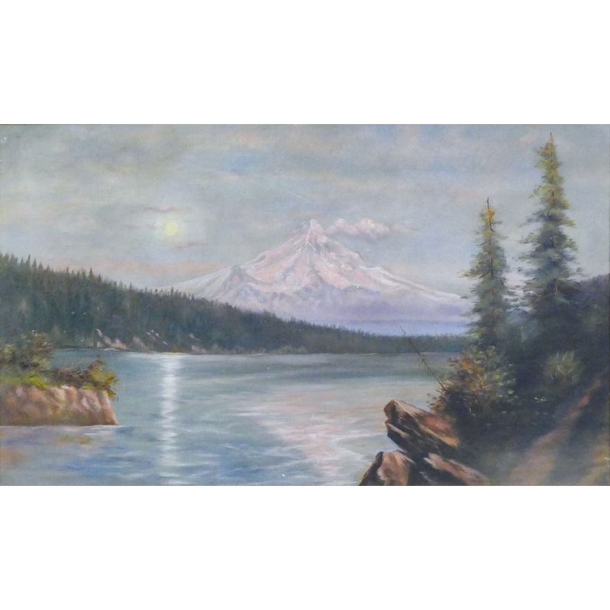 Antique Mount Rainier Primitive Landscape Oil Ornate Framed 34''x50''