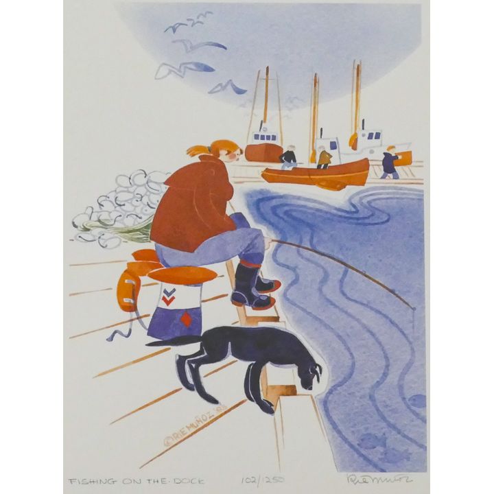 Rie Munoz "Fishing on the Dock" 1993 Signed Print 15" x 12" Sheet.