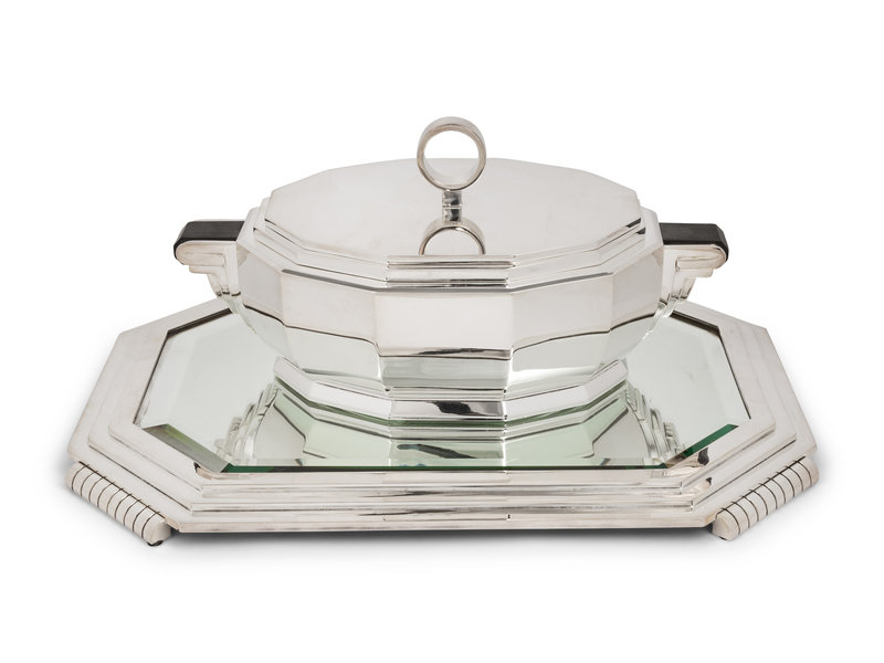 A French Art Deco Silver-Plate Tureen and Mirrored Plateau