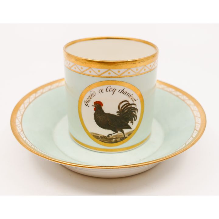 Antique French Handpainted Rooster Teacup- French inscription reads 'When the rooster crows my friendship ends'