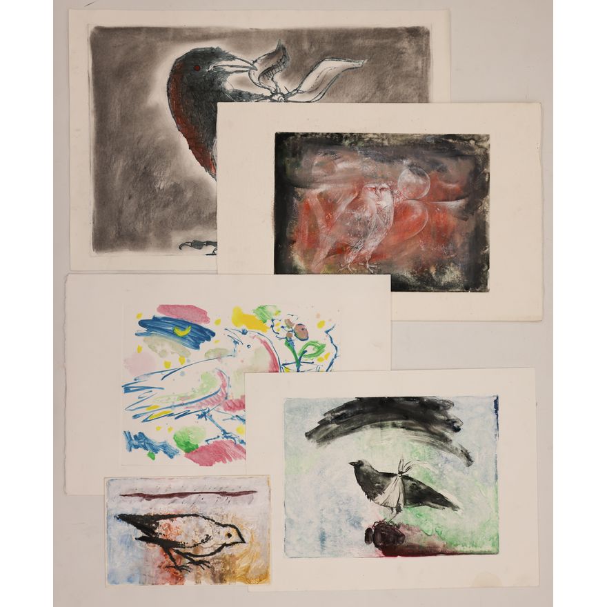 5pc Neil Meitzler Mystic Bird Monotype Artworks on Paper 18''x26''