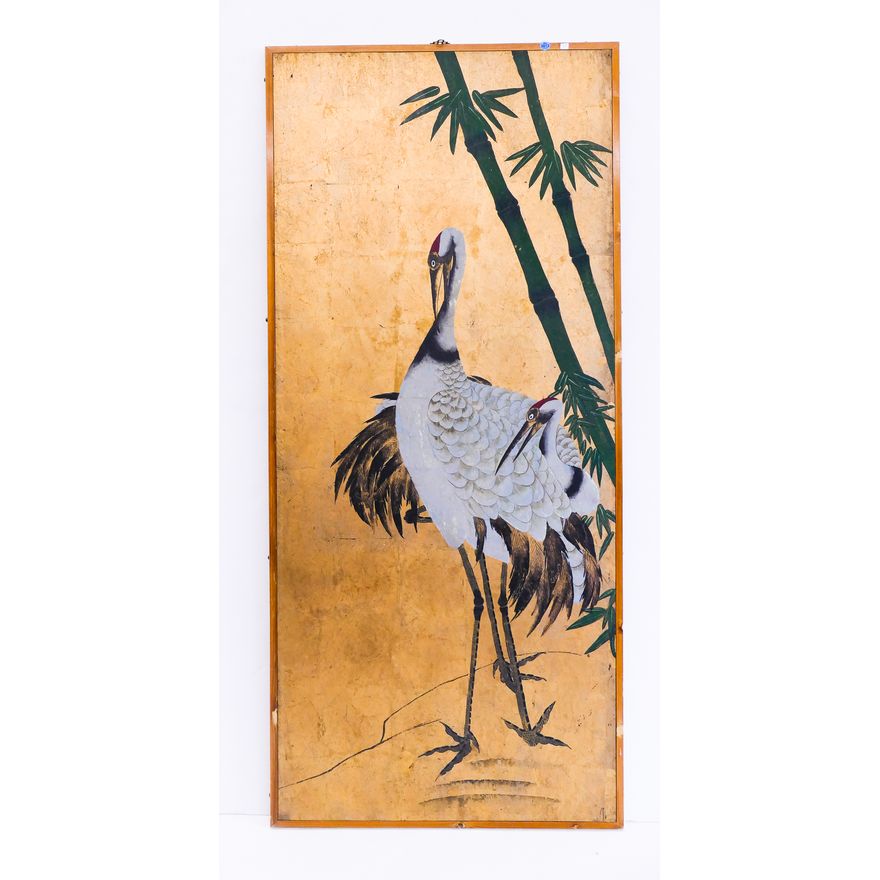 Japanese Painted Crane Gilt Hanging Panel- 60x27''