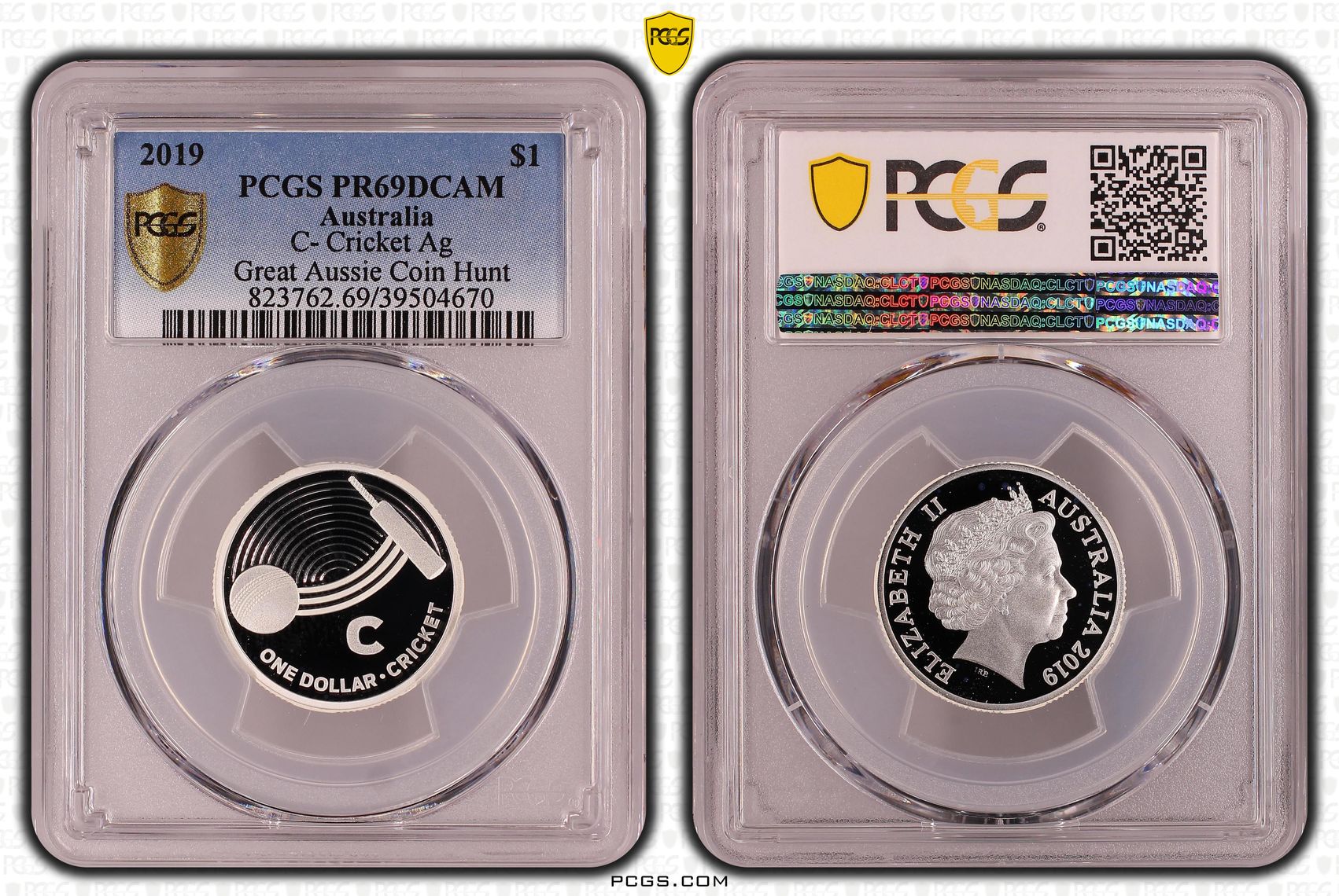 C- Cricket Ag Great Aussie Coin Hunt, POP 3/0, One Dollar, 2019, PCGS PR69DCAM