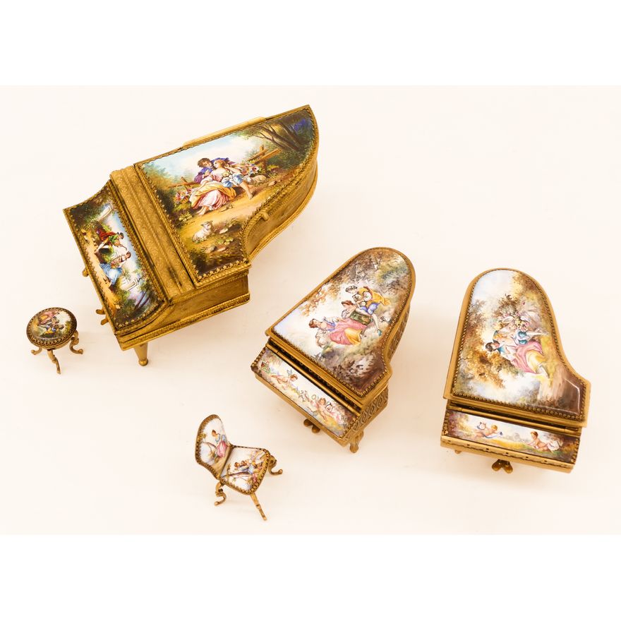 3pc European Enameled Miniature Piano Music Boxes