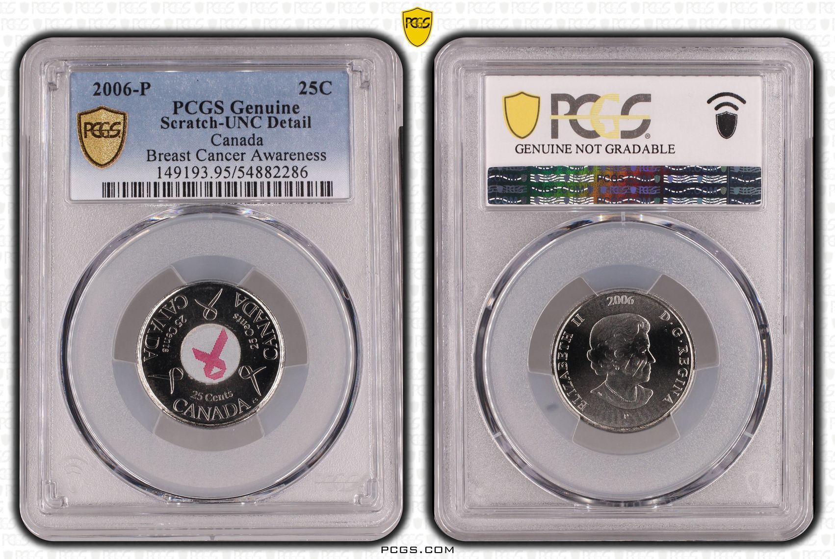 Canada, Breast Cancer Awareness Colorized, Twenty Five Cent, 2006-P, PCGS Genuine - UNC Details (95 - Scratch)