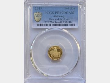 2019 ELIZABETH II ALDERNEY UNA & THE LION PROOF GOLD QUARTER SOVEREIGN PR69 DCAM