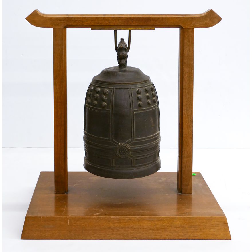 Japanese Bronze Temple Bell on Stand